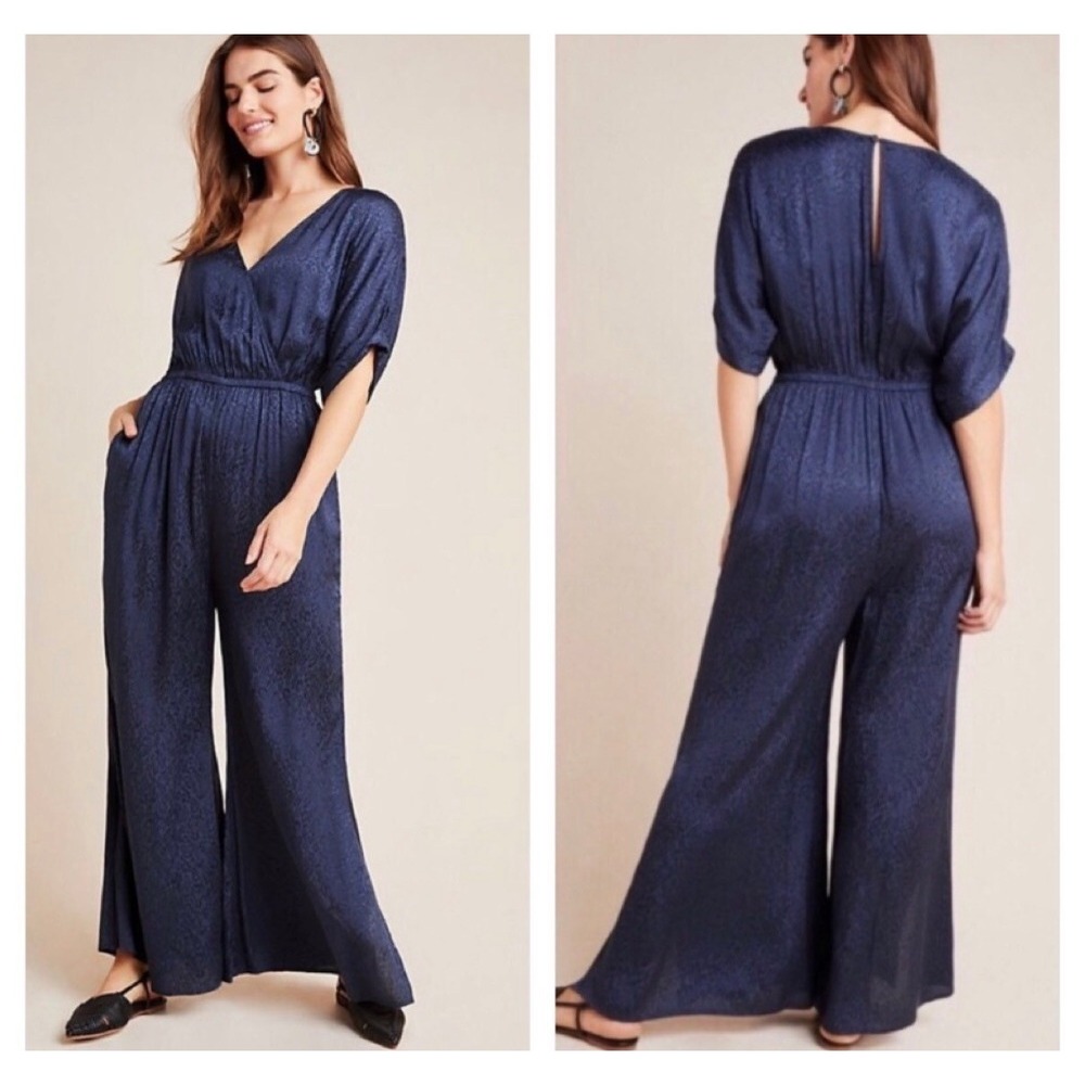 Maeve Anthropologie Jacqueline Jumpsuit Navy Leopard Jacquard Wide Leg XS Party